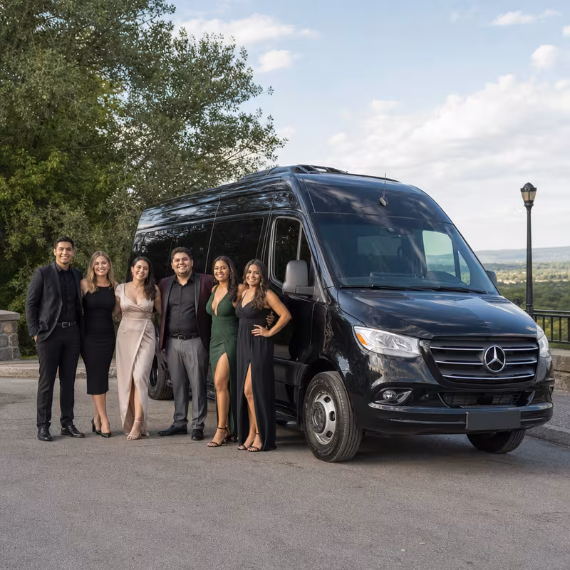 Group beside a Mercedes Sprinter limo from the Birmingham fleet
