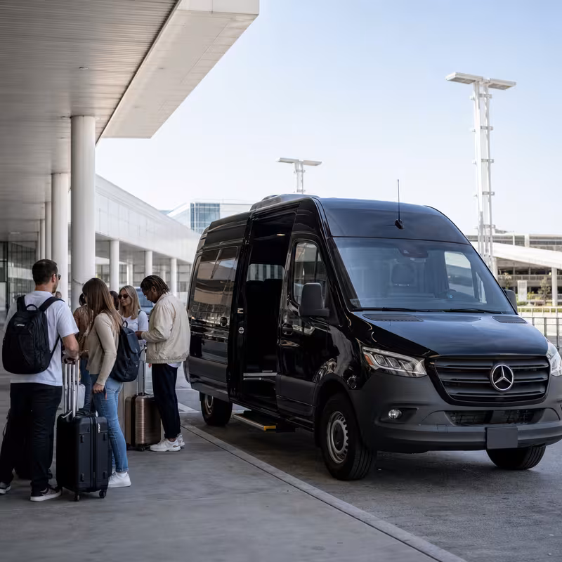 Group boarding a white charter bus for Airport Transportation transportation in Birmingham
