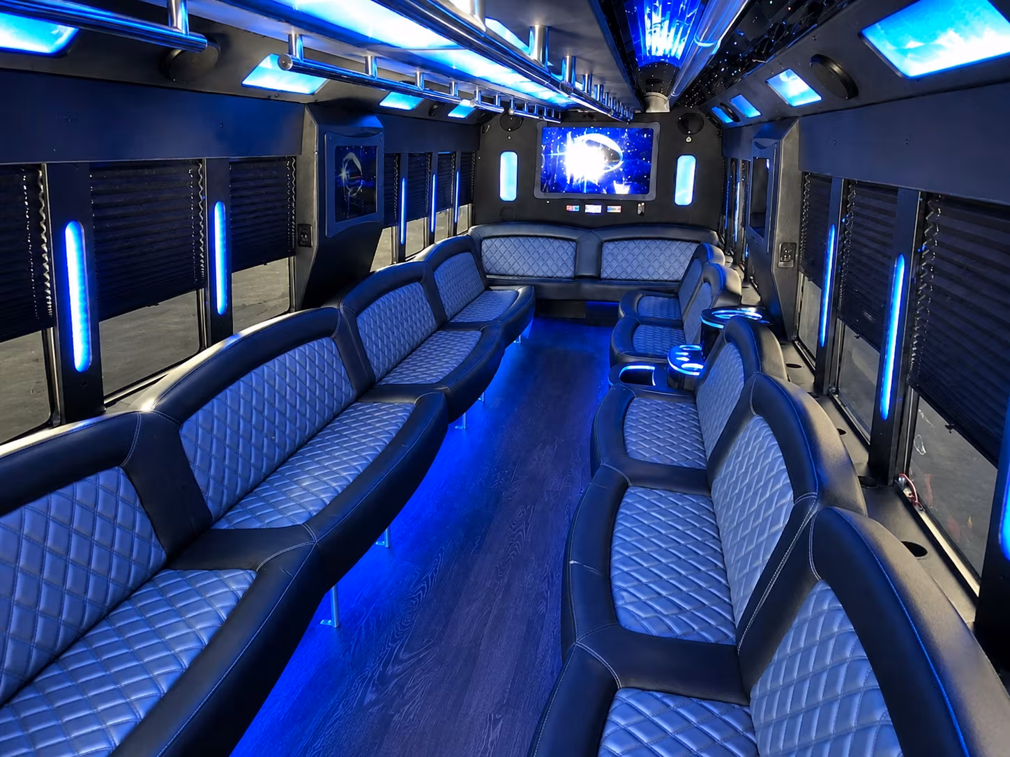Interior of a party bus rental serving Birmingham