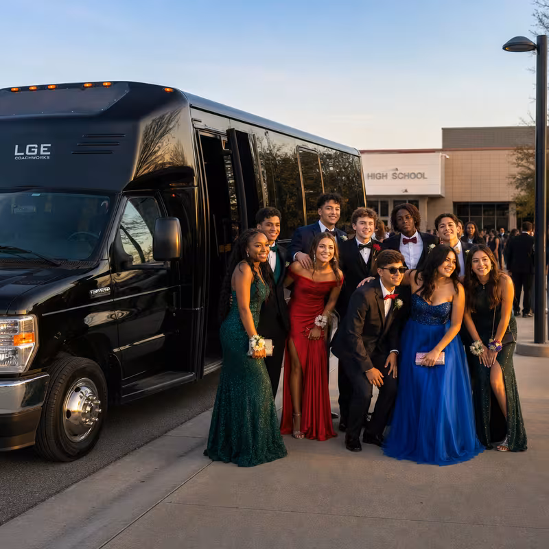 Group boarding a white charter bus for Prom & Homecoming Transportation transportation in Birmingham