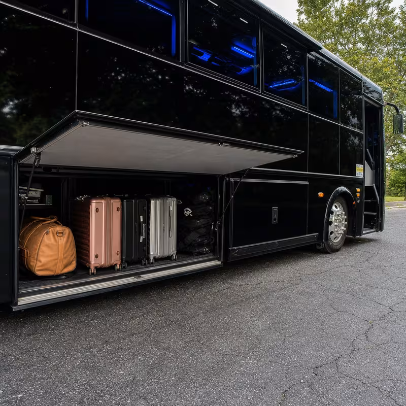 Party bus interior with wraparound leather seating and LED lighting in Birmingham