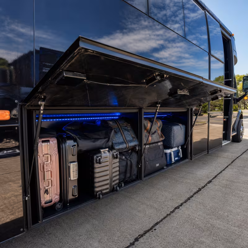 Party bus interior with wraparound leather seating and LED lighting in Birmingham